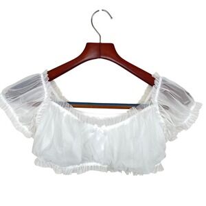 Womens Top Sz S Coquette Fairy Cosplay Mesh Ruffle Crop Sheer Puff Sleeve Bow